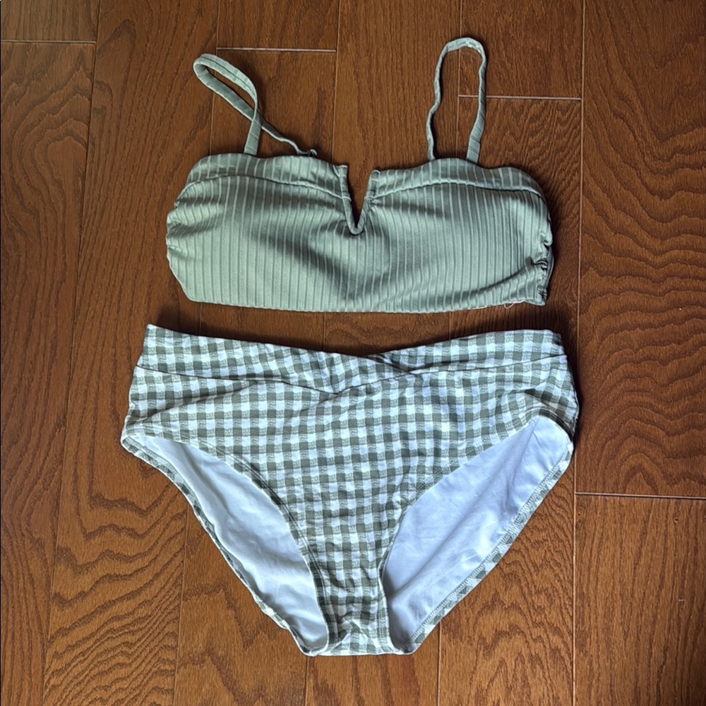 Green Striped and Checkered Bikini Set